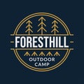 Camp logo. Outdoor Camping badge with forest and tourist tents. Vector illustration.